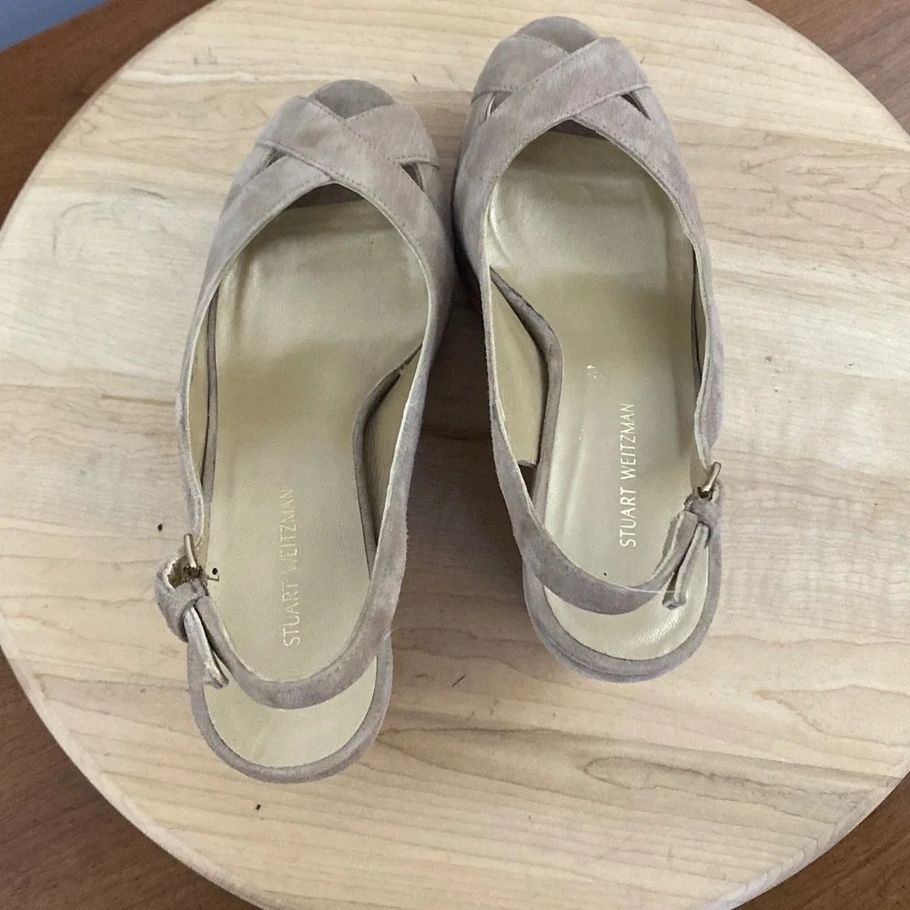 Stuart Weitzman Jean Taupe Suede Slingback Wedge Sandals Womens Sz 6 M Platform